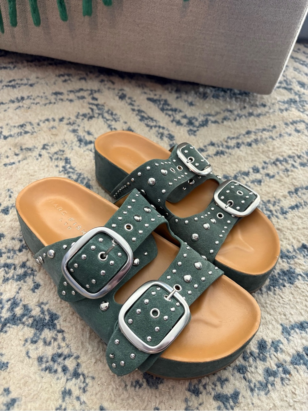 Marc Fisher Green Studded Double-Buckle Platform Slide Sandals